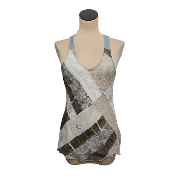 Anthropologie‎ Tiny Tank Top Womens Small Brown Patch Lace Sequin Boho Festival - Picture 1 of 9